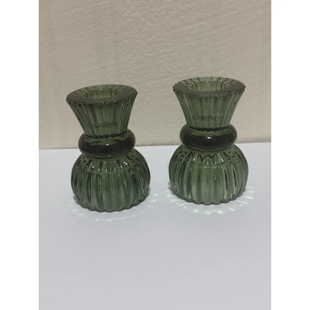 Green Ribbed Glass Candle Holders Glossy Decorative Tea Light Pair